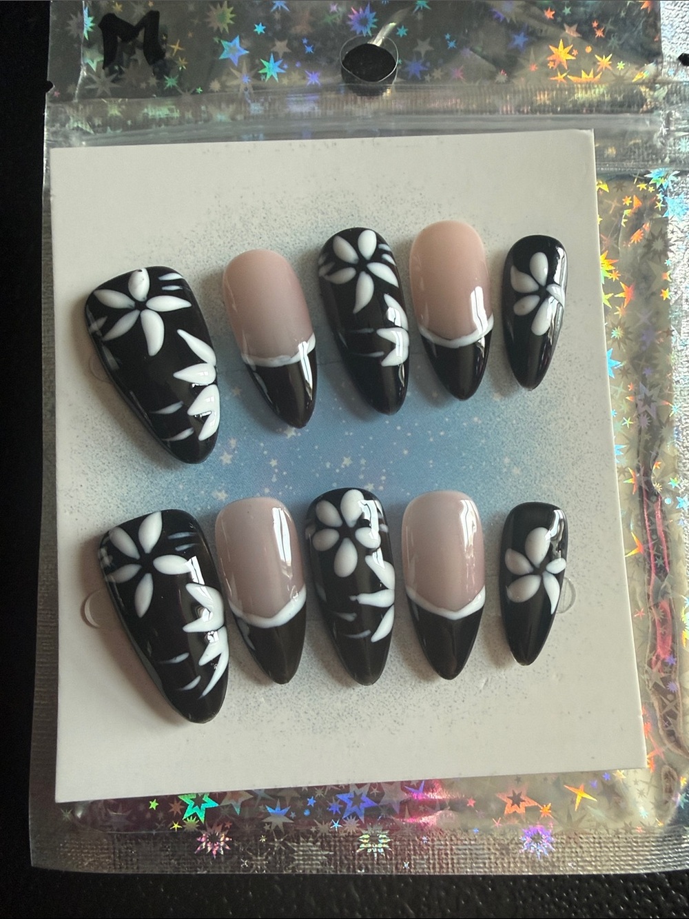 Black & Nude Floral Press-On Nails